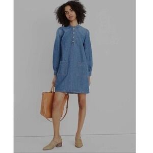 Madewell Denim Jean Button Front Mini Dress Puff Sleeve Pockets Size S